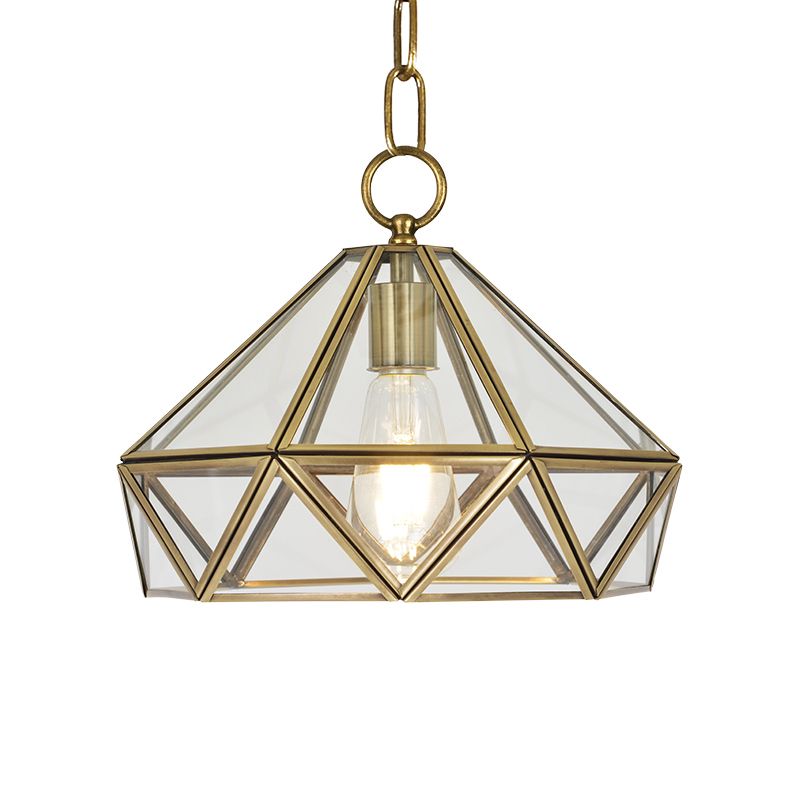 Colonial Diamond Shape Pendant Lighting 1 Bulb Clear Glass Ceiling Hang Fixture in Brass for Bedroom