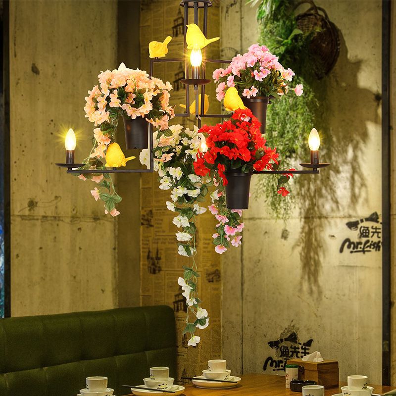 6 Heads Candelabra Suspension Pendant Industrial Black Metal Chandelier Pendant Light with Flower Decoration