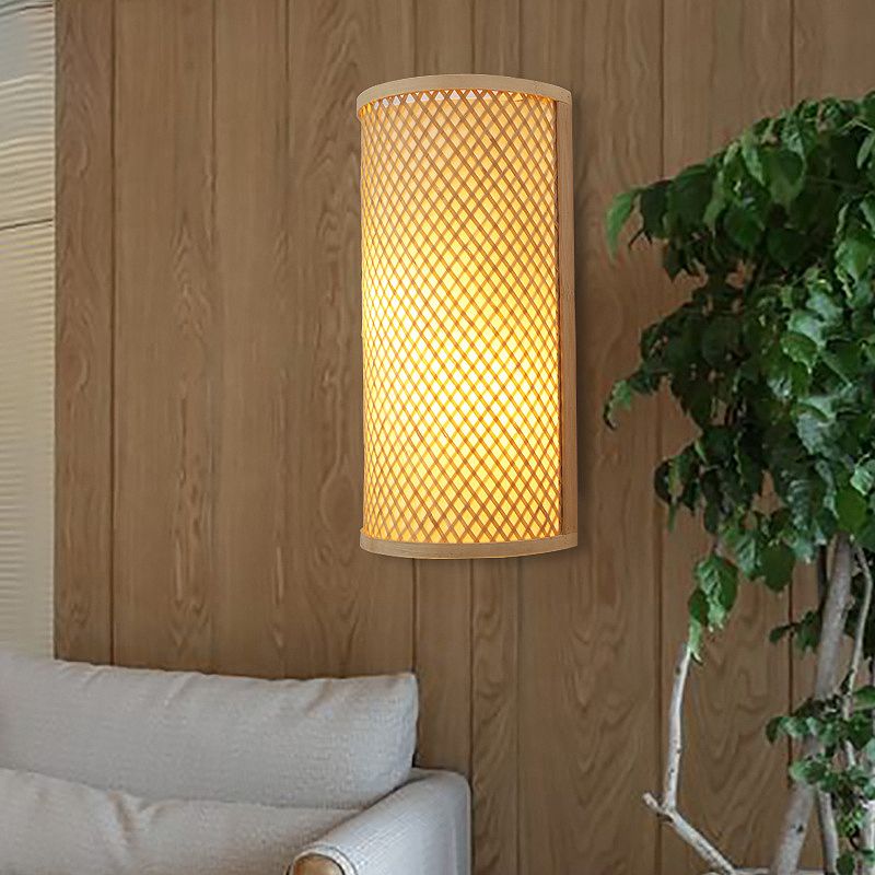 Half-Cylinder Bamboo Wall Mount Light Lodge Style 1-Light Beige Wall Light Sconce for Hallway