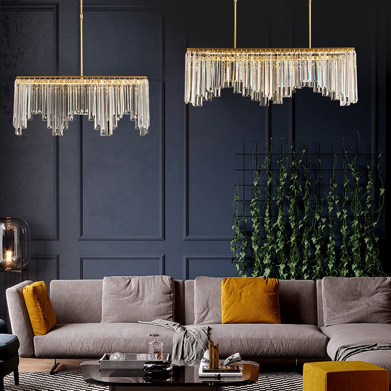 Rectangular Dining Room Hanging Lamp Crystal Minimalist LED Island Light in Gold