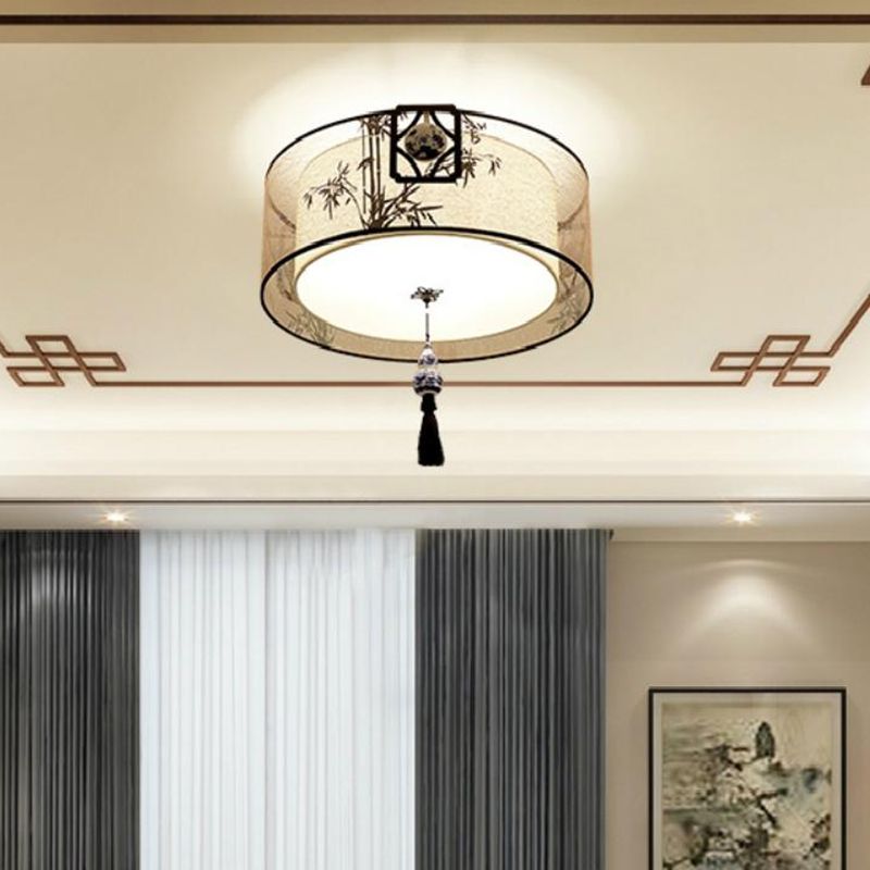 American Traditional Ceiling Light Multi Lights Close to Ceiling Light with Fabric Shade