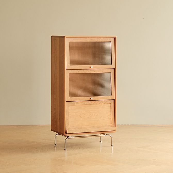 Natural Solid Wood Accent Chest 49.2" Tall Glass Paned Storage Cabinet