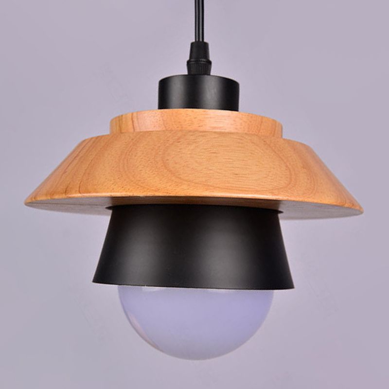 Saucer Cup Dining Room Hanging Lamp Metal and Wood 1 Bulb Nordic Pendant Light Fixture
