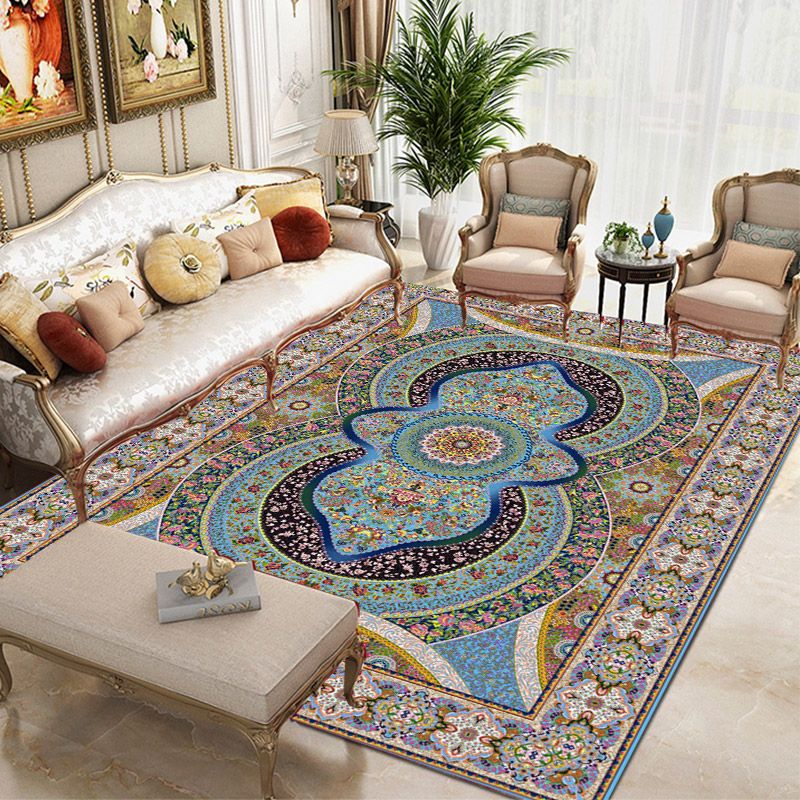 Tapis traditionnel vert Médaillon Médaillon Tapis lavable pour le salon