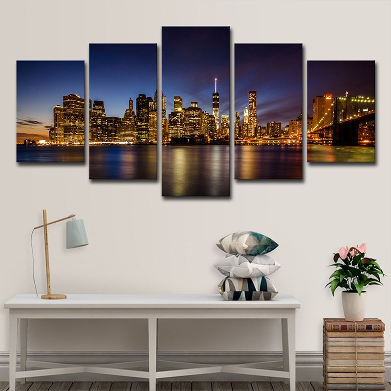 Night Brooklyn Bridge Park Canvas Multi-Piece Modern Living Room Wall Art, Brown