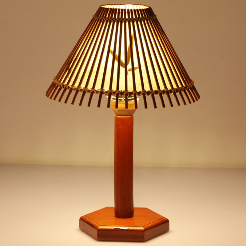 Lampe de bureau en bambou trompette asiatique, 1 ampoule, éclairage de travail rouge marron avec base en bois hexagonale