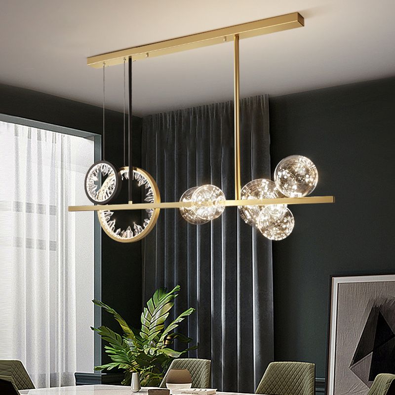 Glass Spherical Island Light Modern Gold LED Hanging Light with Crystal Accents