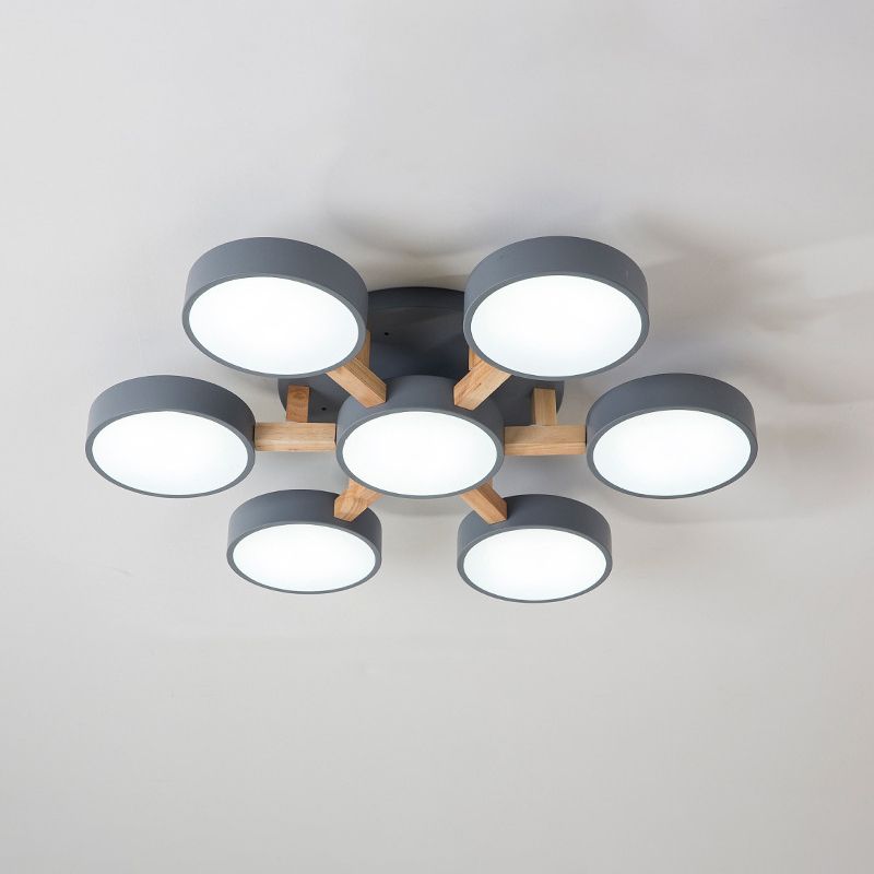 Lámpara de techo minimalista de acrílico con iluminación semimontaje redonda para sala de estar con brazo de madera