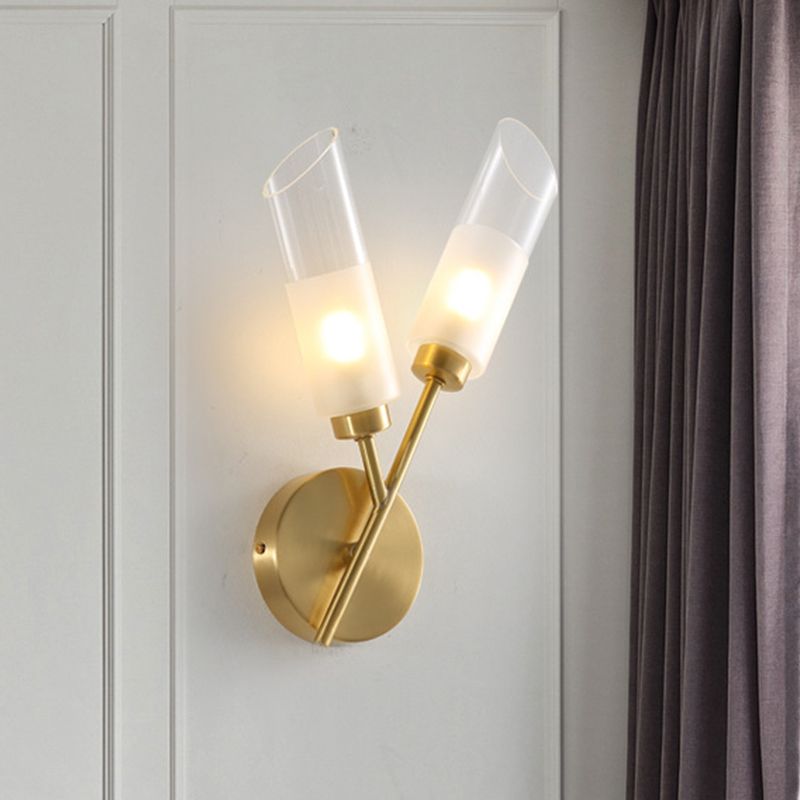 2 Bulbs Tube Wall Mount Lamp Traditional Brass Finish Clear Glass Wall Sconce Light for Indoor