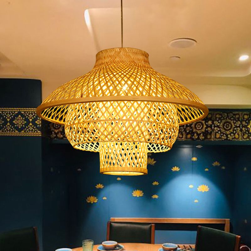 Layered Bamboo Suspension Light Simplicity 1-Light Wood Pendant Light for Restaurant