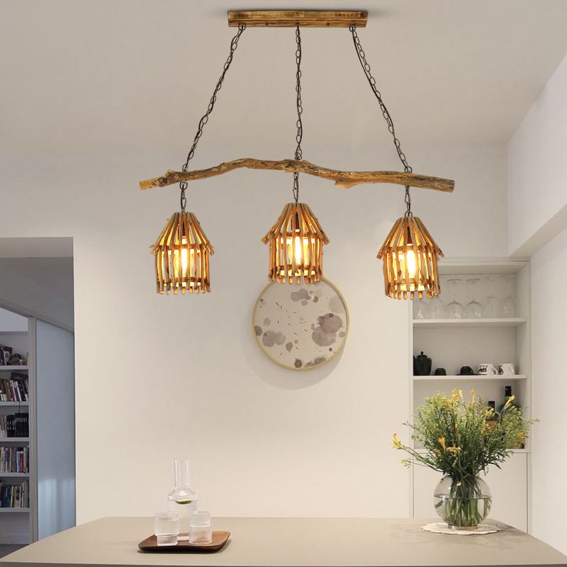 Maison en bois en forme de lampe suspendue nordique 3 Heads Island Pendant Light pour salle à manger