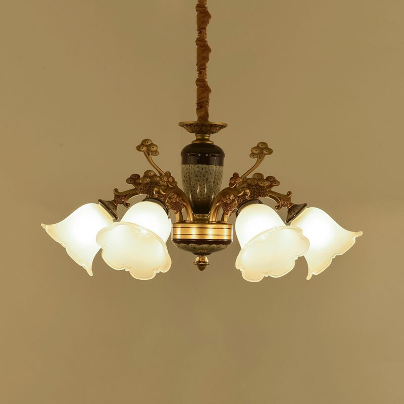 White Glass Floral Pendant Lighting Traditional 6 Lights Living Room Chandelier Lamp in Gold