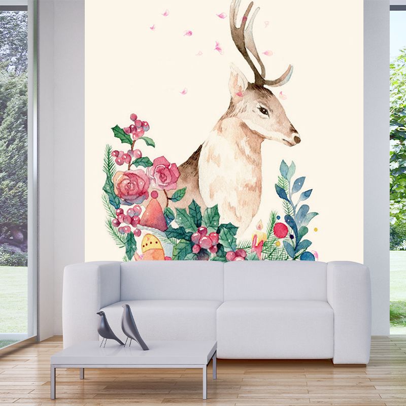 Artistic Deer Wall Covering Murals Pink and Green Flower Wall Decor for Living Room