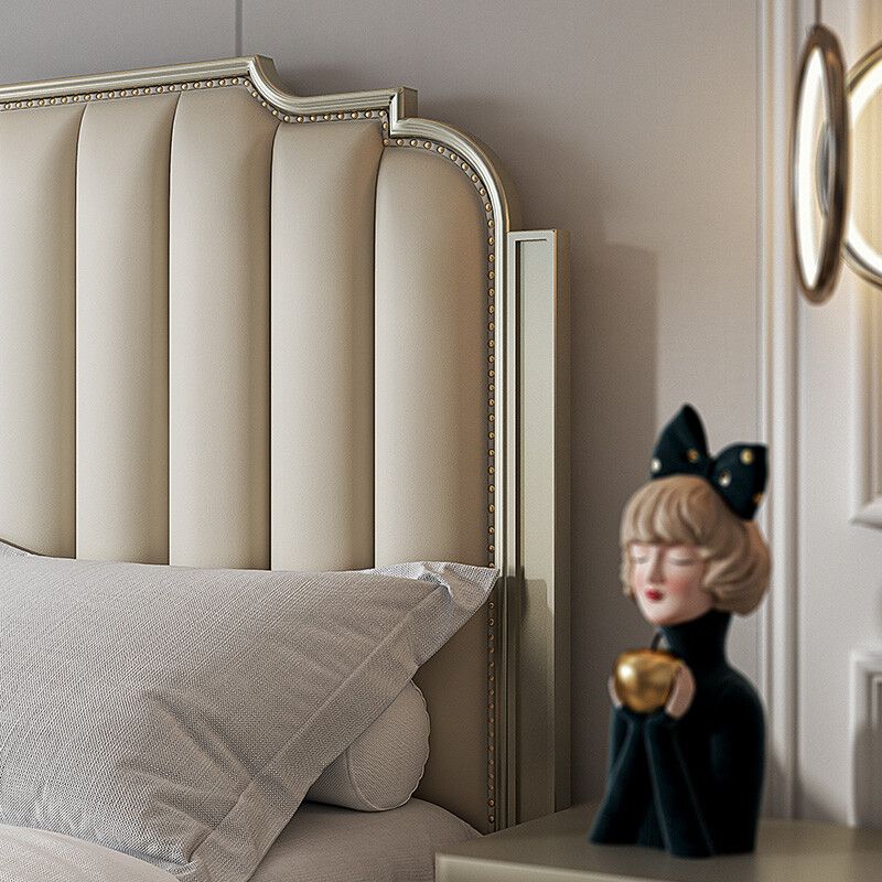 Stepped Glam Bed Frame Beech Standard Bed with Nail Head Trim