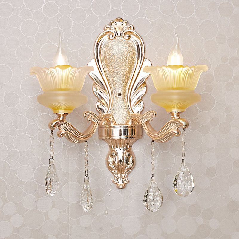 Mid Century Floral Wall Mount Lamp 2-Bulb Crystal Wall Sconce Lighting in Gold for Living Room