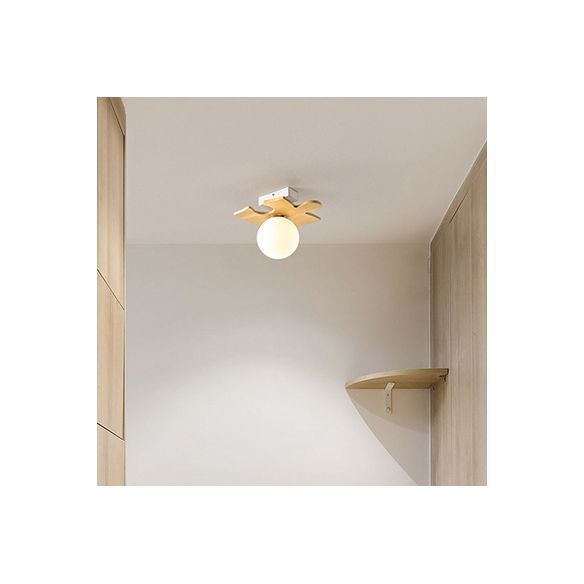 Wood Shaded Close to Ceiling Lighting Fixture Modern Natural Ceiling Mounted Light