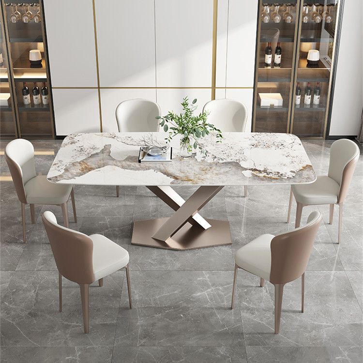 Rectangle Traditional Luxury Dining Table Grey Sintered Stone Table with Pedestal Base