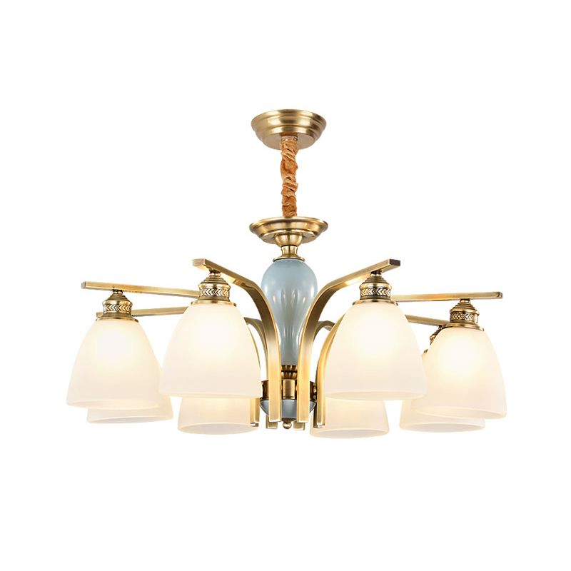 Frosted Glass Brass-Blue Chandelier Bell Shaped Antique Style Hanging Light with Ceramic Deco
