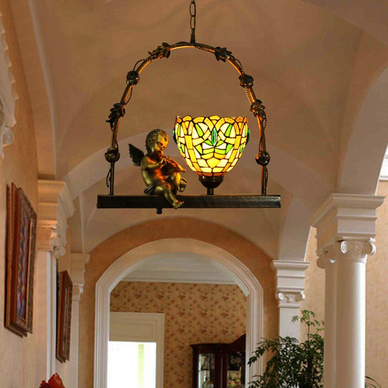 Bowl -gebrandschilderde glazen hangluchtingsarmatuur Mediterraan 1 licht rood/groen plafondlicht met engel deco