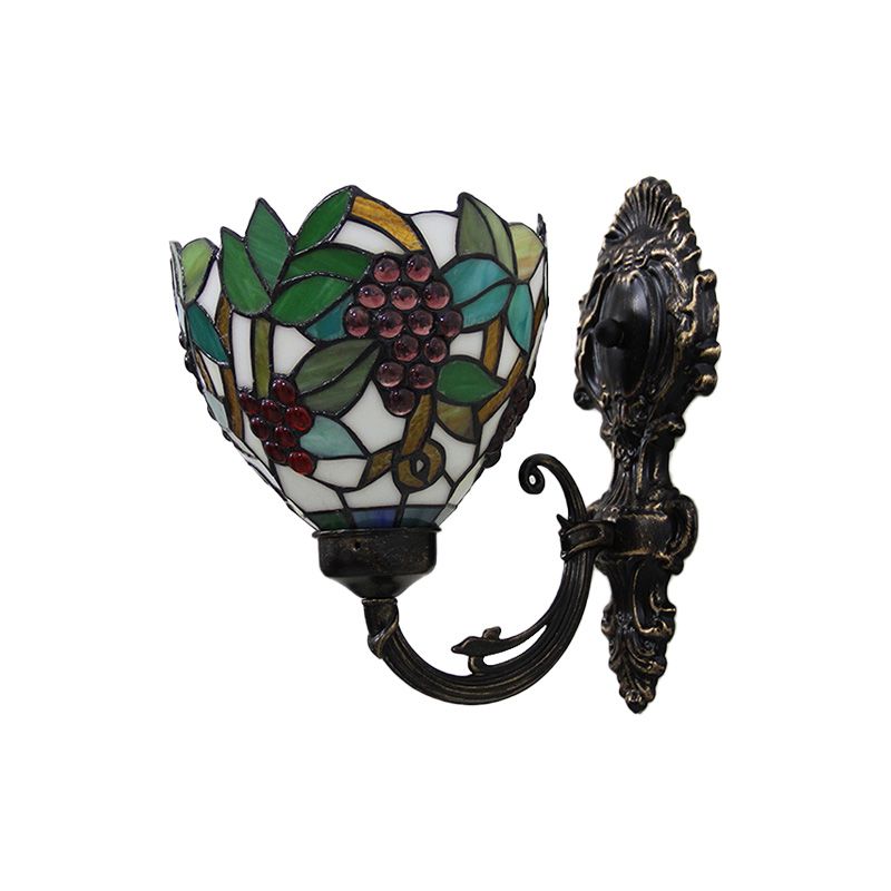 Tiffany Bowl Wall Sconce 1 Head Stained Glass Grape Patterned Wall Mount Lamp in Green and White/Black