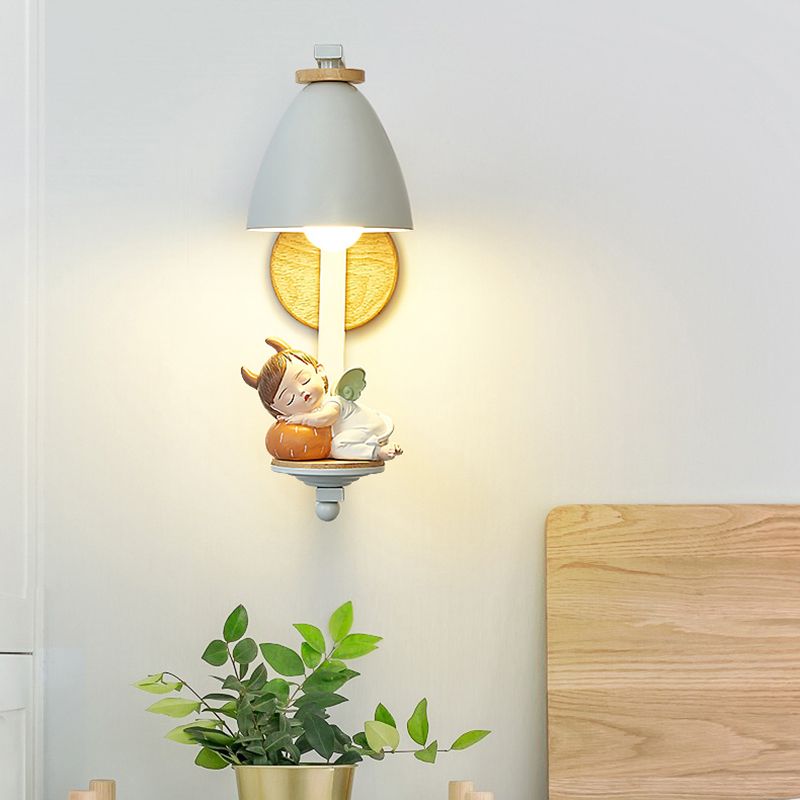 Metallic Cone Wall Lamp Nordic Style 1 Bulb White Wall Light Fixture with Figurine Decor for Kids Bedroom