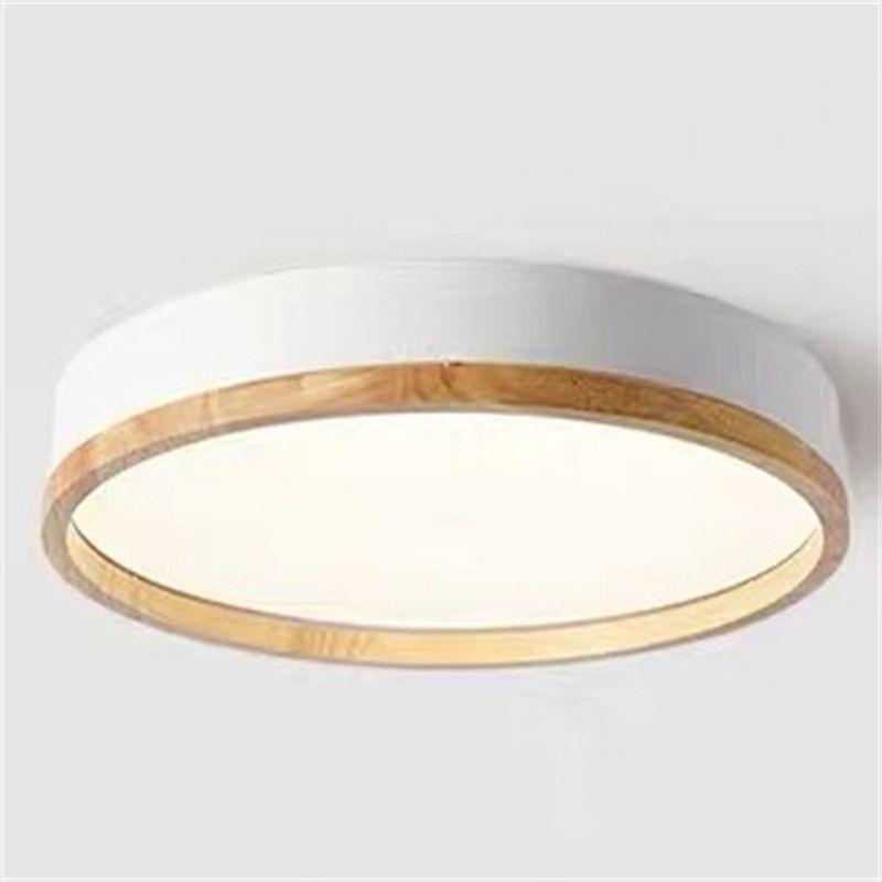 Round Metal Flush Mount Lighting Fixture Macaron LED Ceiling Lamp with Wooden Rim
