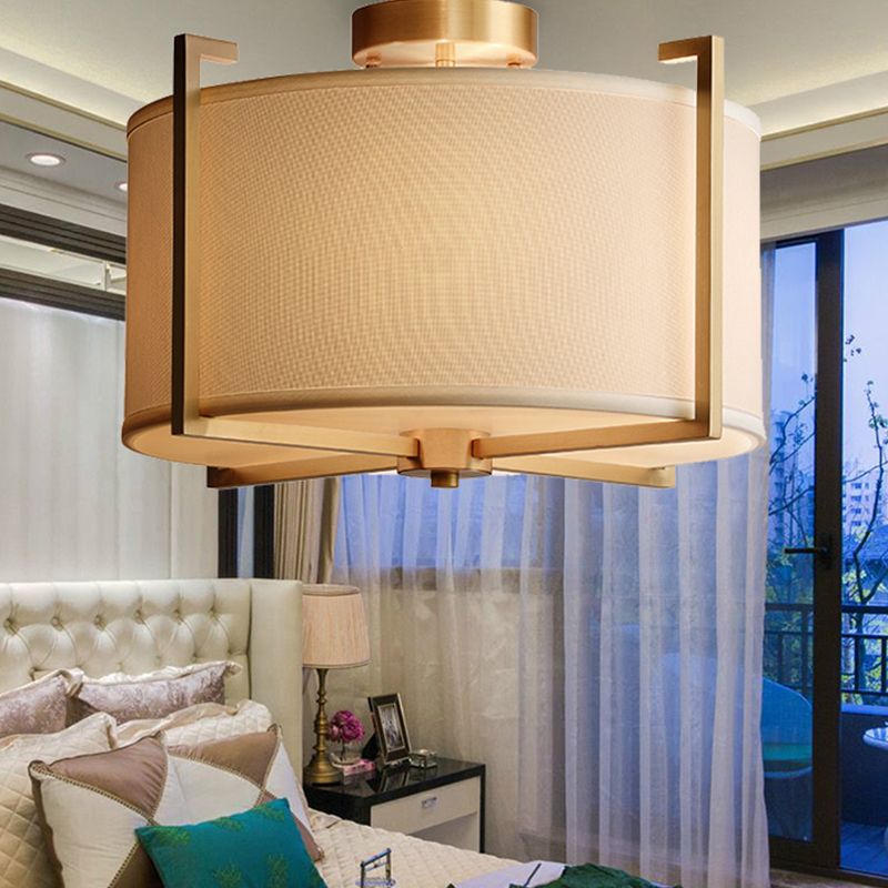 White Drum Semi Flush Mount Classic Fabric 4 Lights Living Room Ceiling Light Fixture with Iron Frame