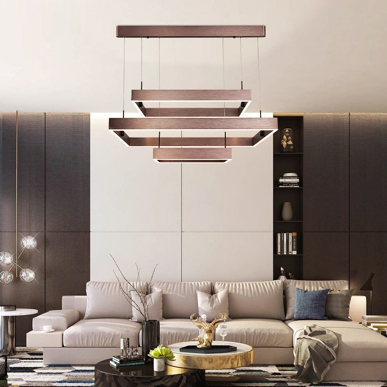 3-Tier Square LED Pendant Light Modern Metal Coffee Finish Chandelier for Living Room