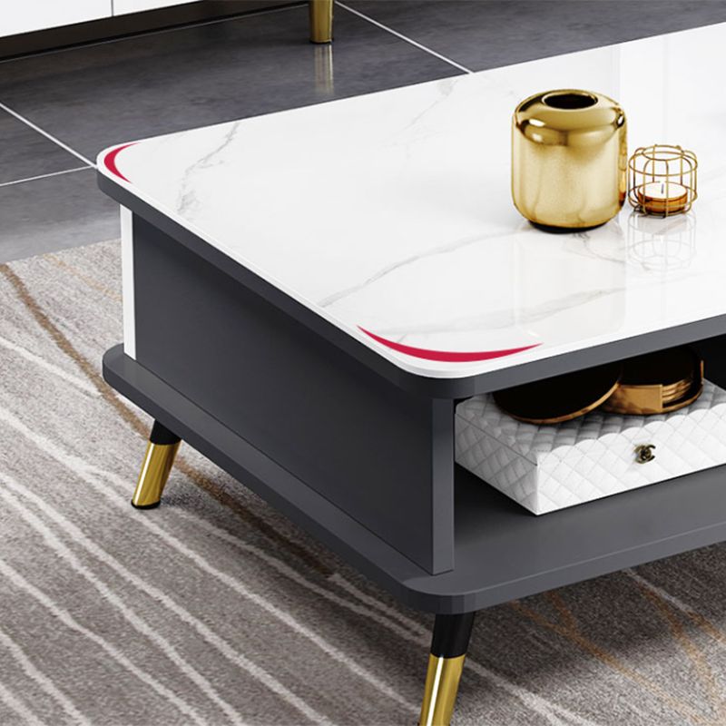 Modernism Rectangular Glass Top Coffee Table 1-Shelf 2-Drawer Cocktail Table