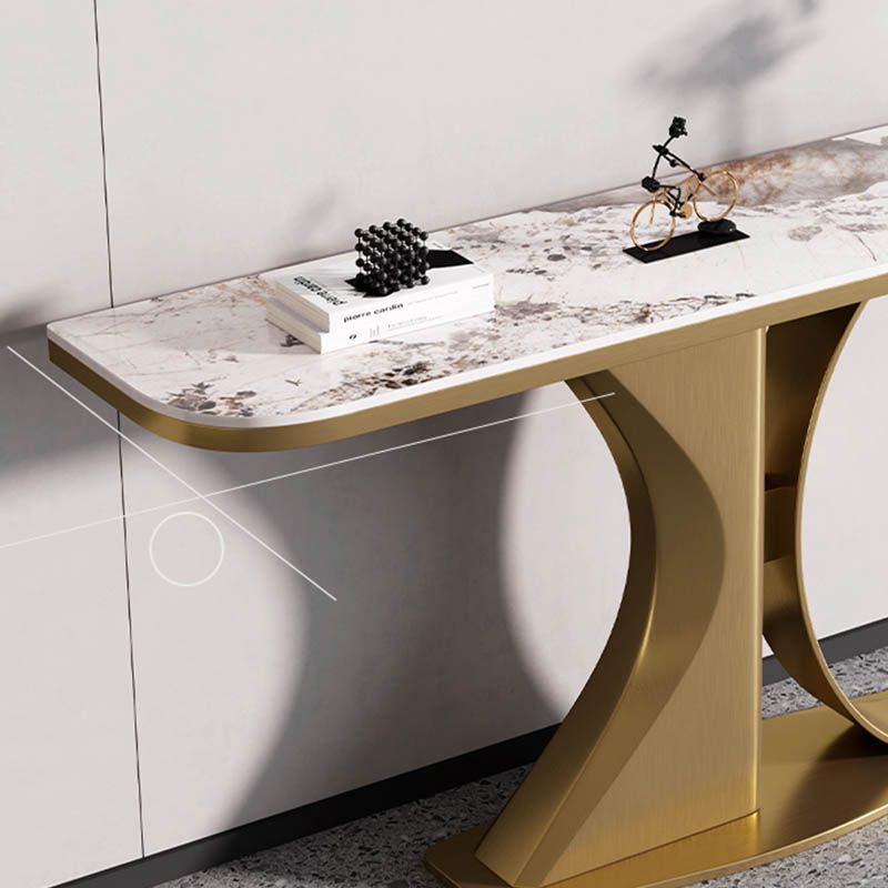 Modern Half Moon Console Table Stone Sofa Table in Gold/Grey