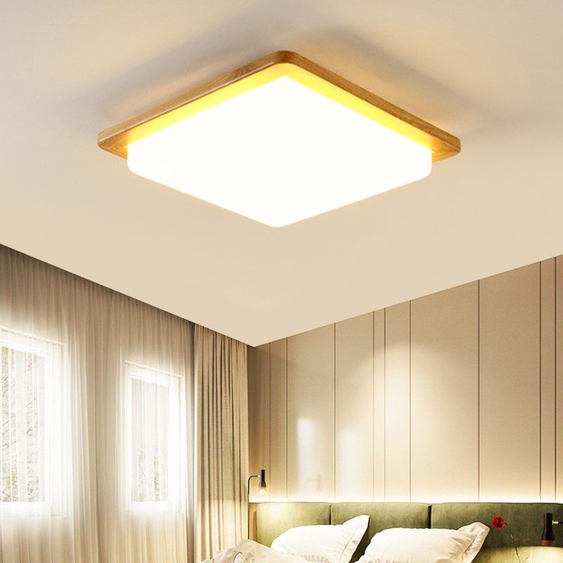 Minimalist LED Flush Ceiling Light Fixture Wood Square Flush Mount Light with Wood Shade