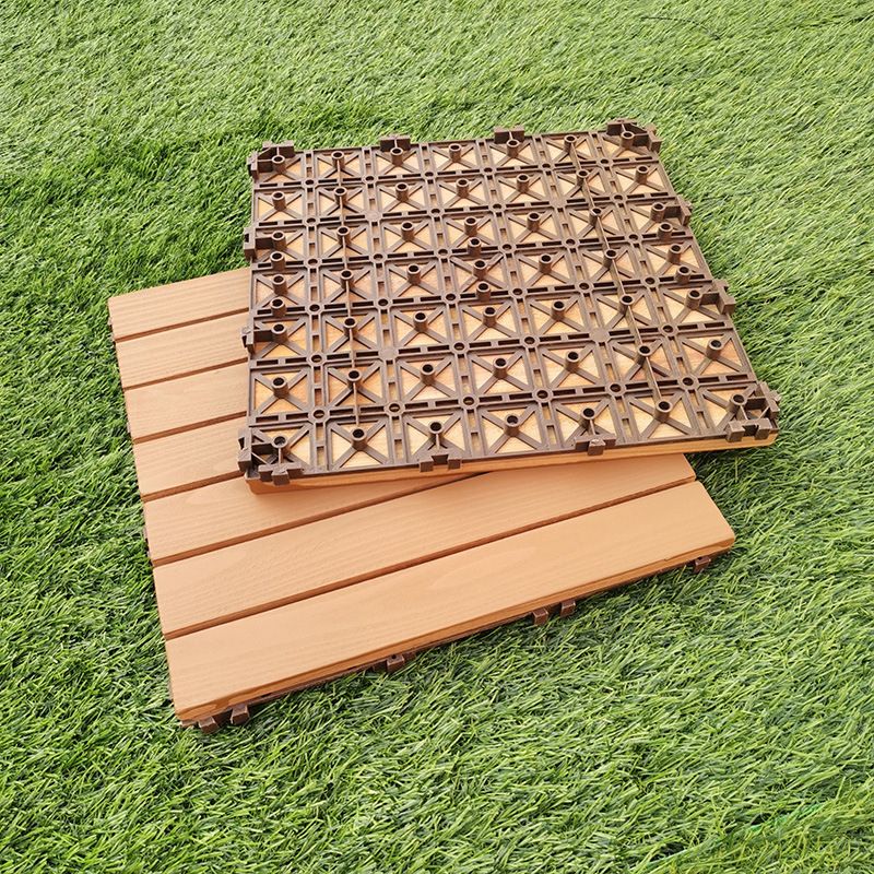 Yellow 6-Slat Square Wood Flooring Tiles Snap Fit Installation Floor Board Tiles