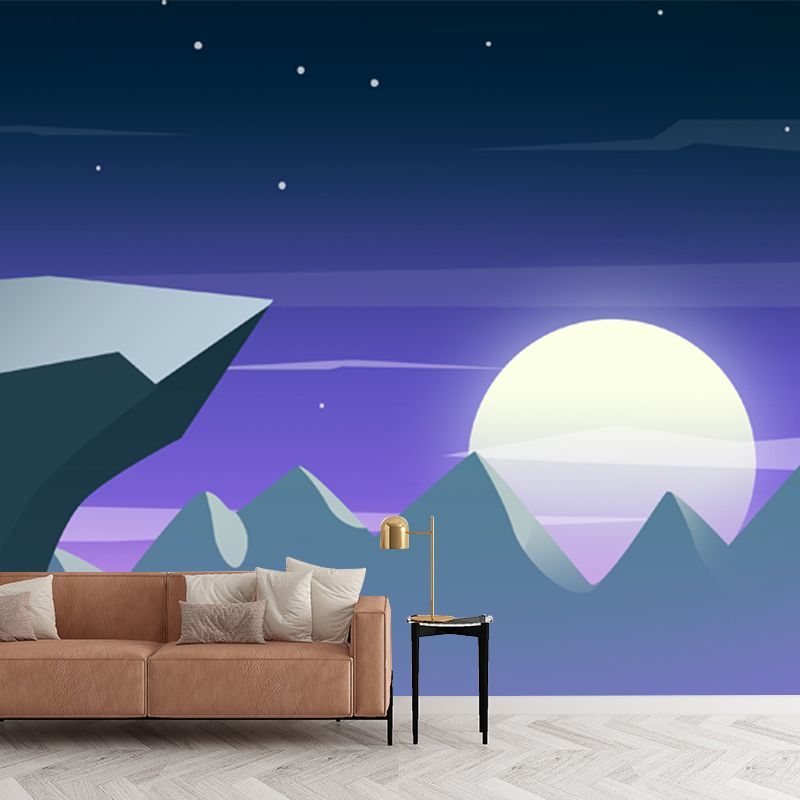 Non-Woven Waterproof Mural Modern Art Cliff and Moon Night Wall Covering in Purple
