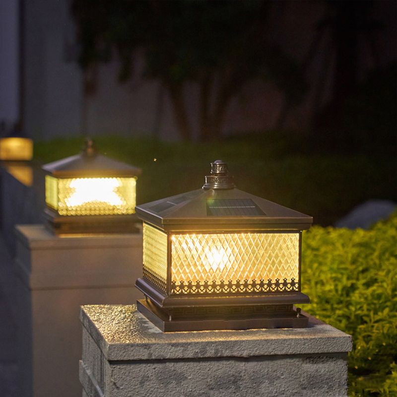 Metal Rectangular Shape Outdoor Lights Modern Style 1 Light Solar Pillar Lamp in Bronze