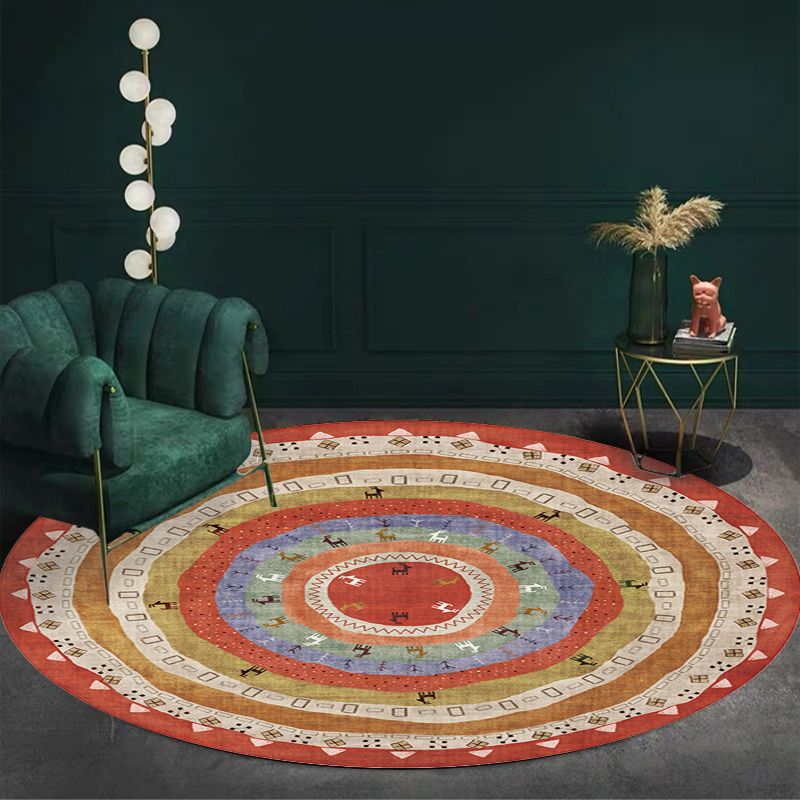 Retro Tribal Circles Pattern Rug Yellow and Red Polyester Rug Washable Pet Friendly Anti-Slip Carpet for Living Room