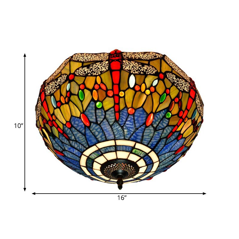 3 Heads Living Room Ceiling Mounted Fixture Tiffany Red/Yellow/Orange Flush Mount Lamp with Dragonfly Stained Glass Shade