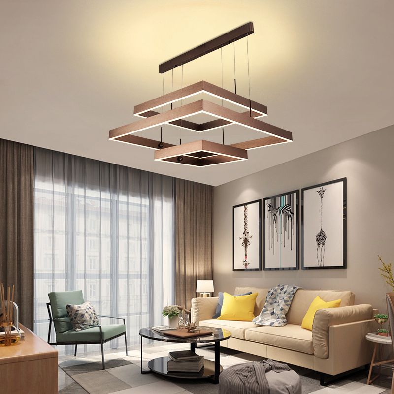 Minimalist Squared Hanging Ceiling Light Metal Living Room LED Chandelier Pendant Light in Coffee