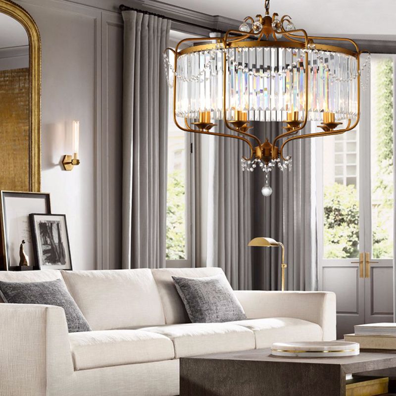 Rectangular-Cut Crystal Lantern Chandelier Light Postmodern 8 Lights Gold/Black Hanging Light for Living Room