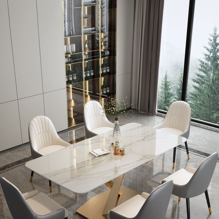 Modern Style Sintered Stone Dining Table with White Table and Gold Trestle Base for Home Use