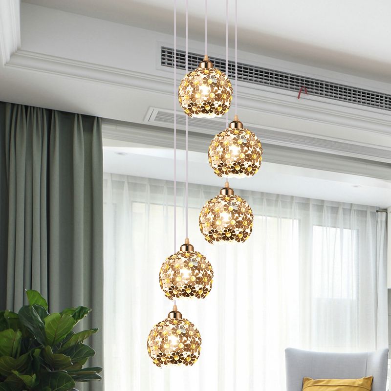 5/8 Heads Multi Light Ceiling Light Modernist Domed Metallic Hanging Lamp Kit in Silver with Amber Crystal Accent