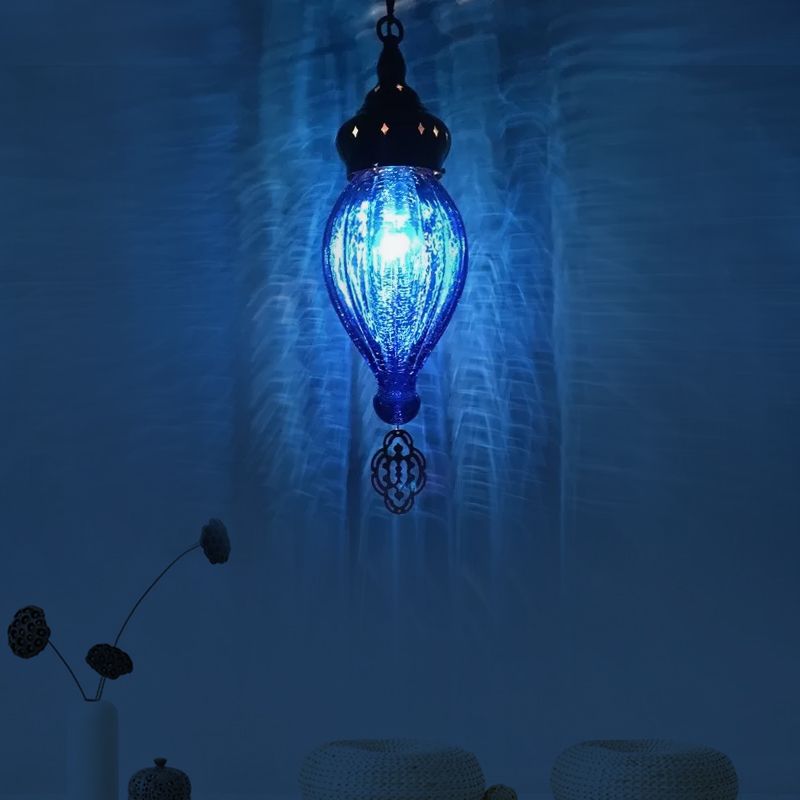 Traditional Droplet Hanging Lamp Blue/Green/Taupe Ribbed Glass 1/4 Bulbs Suspension Light for Bedroom