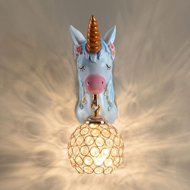 Cartoon Unicorn Wall Mount Light Resin Bedside Wall Lighting with Hollowed out Globe Shade