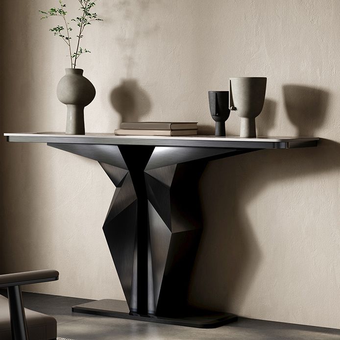 Stone Rectangle Console Table Glam 13.78" Wide Accent Table with Abstract Base