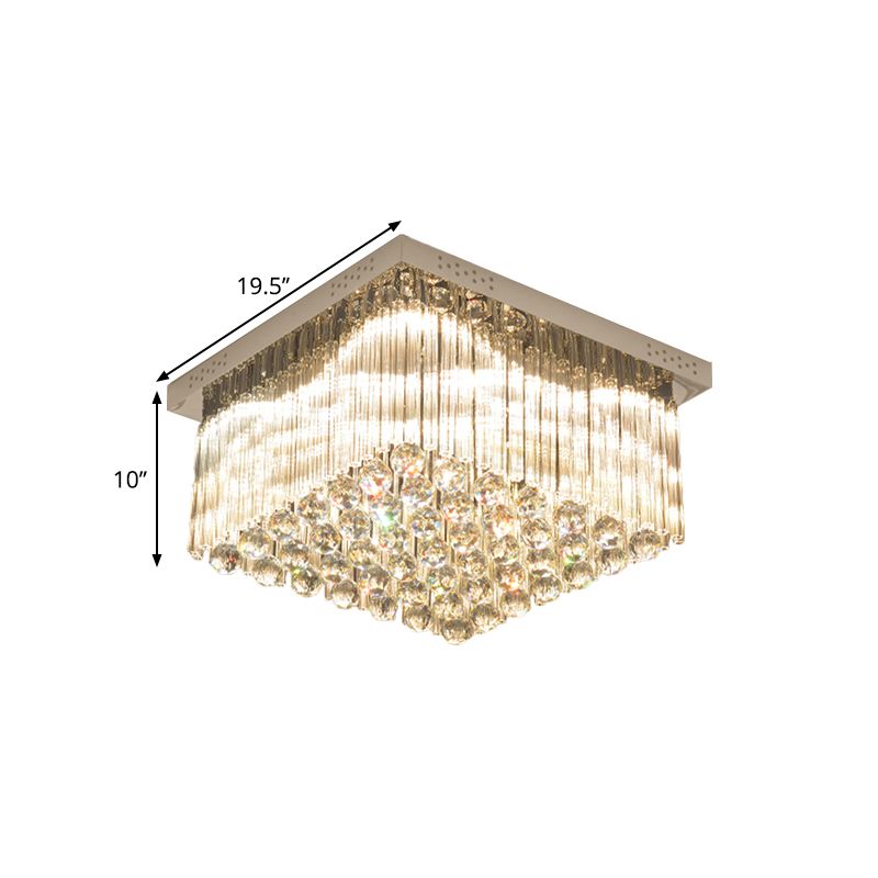 Square LED Close to Ceiling Lamp Simplicity Crystal Rod and Ball Great Room Flush Lamp in Chrome, Warm/White Light