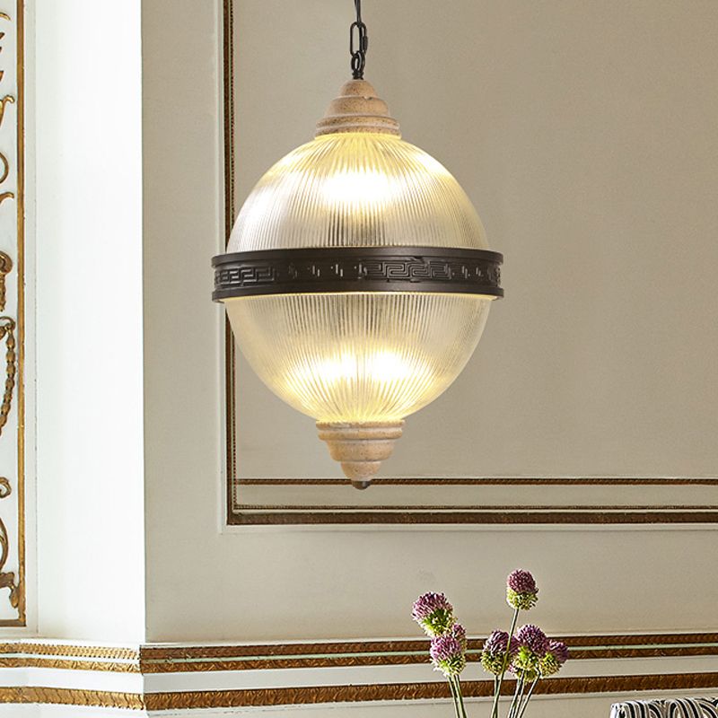 6-Bulb Chandelier Lighting Rural Living Room Pendant Light Fixture with Globe Clear Ribbed Glass Shade