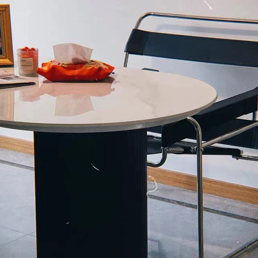 Luxury Sintered Stone Top Table Oval White Table with Black Double Pedestal