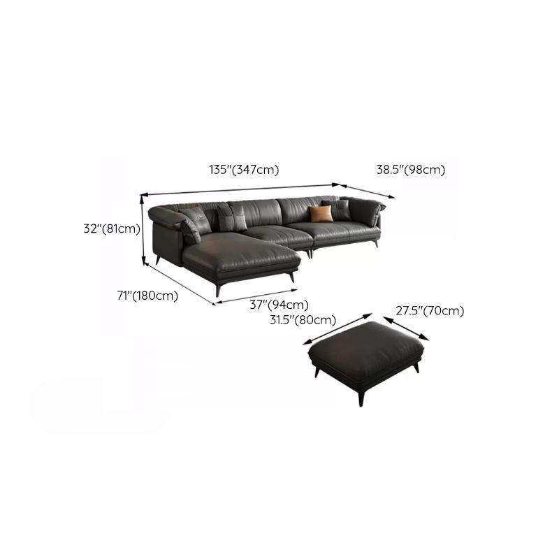 Genuine Leather Sectional Sofa Black Sofa with Removable Cushions
