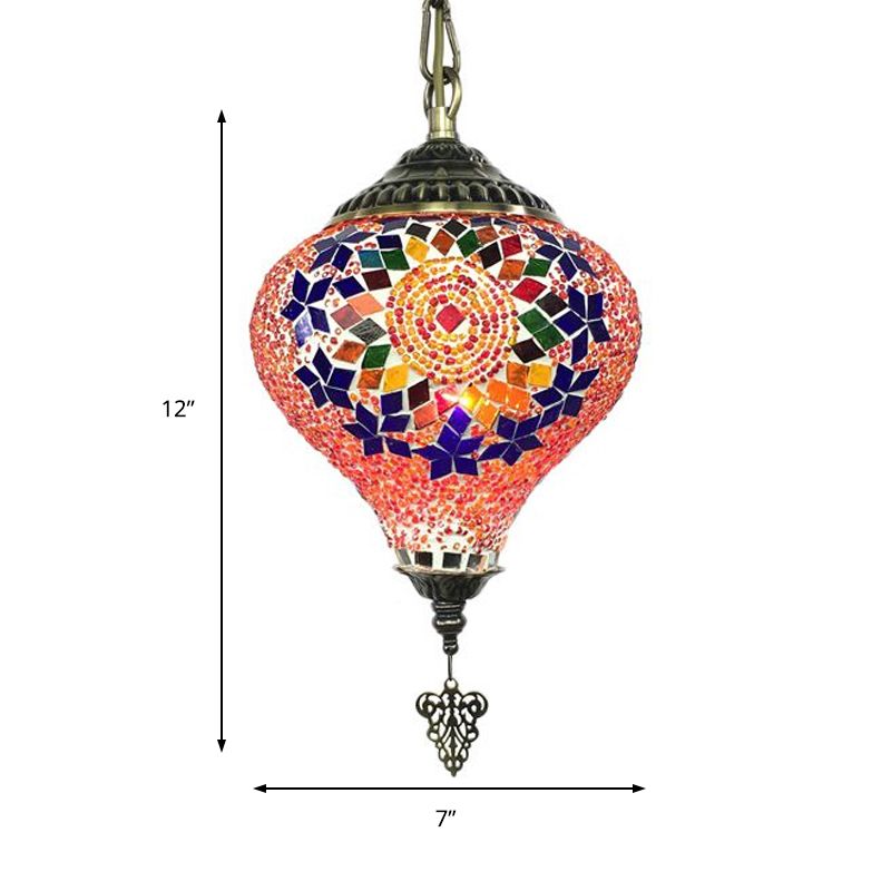 1/6 Bulbs Coffee House Suspension Pendant Tradition Bronze Hanging Light Kit with Droplet Colorful Glass Shade