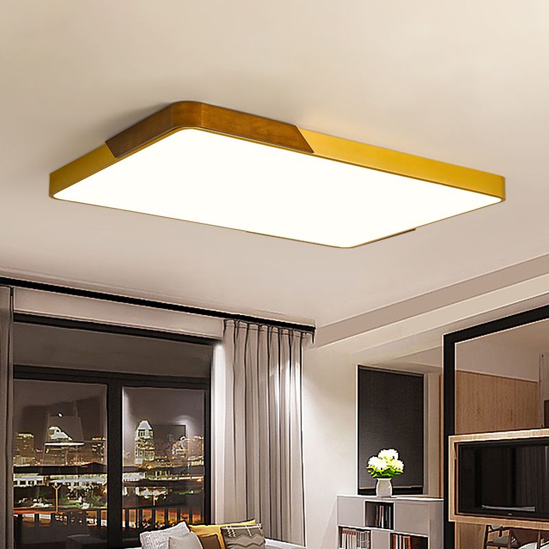 Gold Metal and Wood Flush Ceiling Mount Lamp with Square/Rectangular Acrylic Diffuser Modern LED Ceiling Flush Mount for Bedroom in Warm/White/Neutral, 16"/19.5"/25.5" W