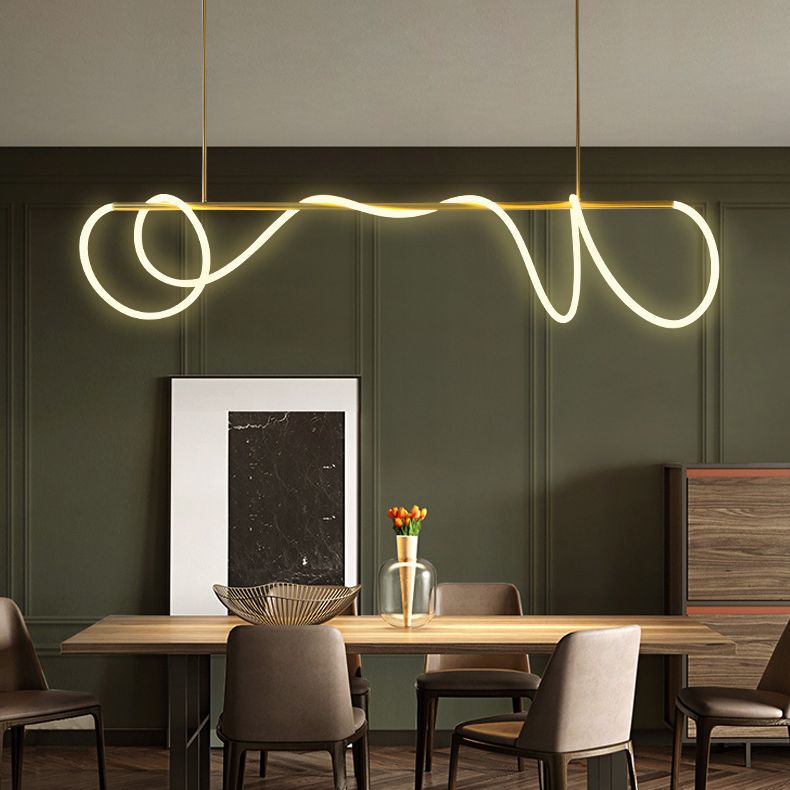 Modern Minimalism Gold Linear Island Pendant Lighting LED Metal Island Ceiling Light for Dining Table